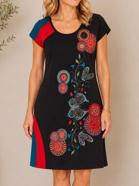 Leopards & Roses 100% Cotton Sz M Black Embroidered Boho Floral Butterfly Dress
